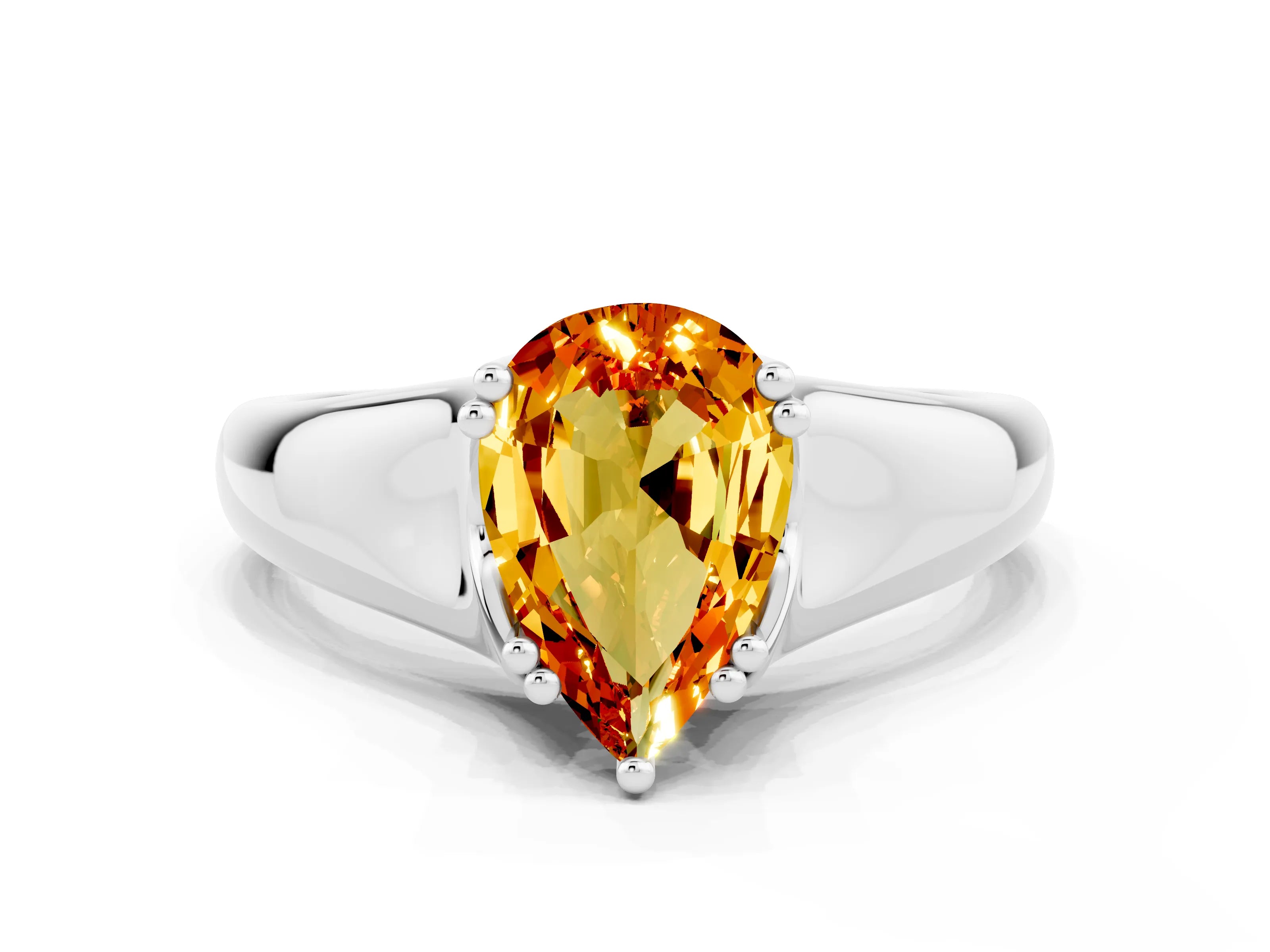 White gold Pear Cut Citrine Solitaire Ring with Wide Band and Prong Setting