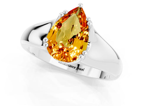 White gold Pear Cut Citrine Solitaire Ring with Wide Band and Prong Setting_1
