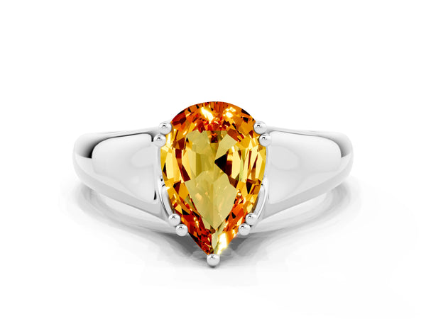 Silver Pear Cut Citrine Solitaire Ring with Wide Band and Prong Setting