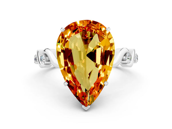 Silver Pear Cut Citrine Solitaire Twisted Band with Round  Accents and Prong Setting