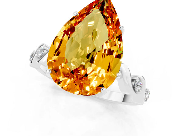 Platinum Pear Cut Citrine Solitaire Twisted Band with Round  Accents and Prong Setting