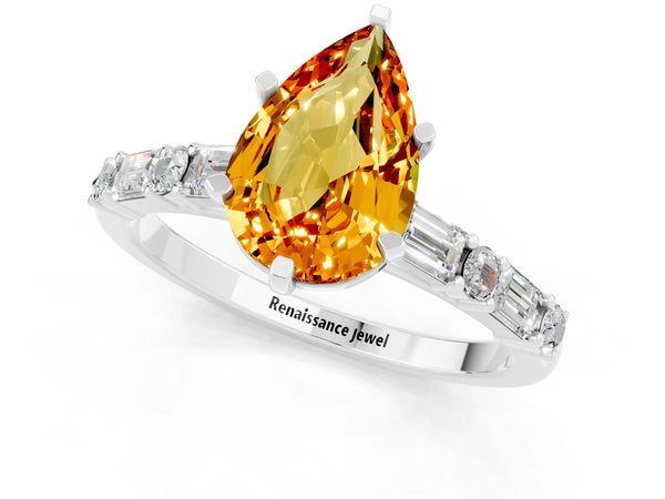 Platinum Pear Cut Citrine Solitaire with Side Baguettes and Channel Set Band
