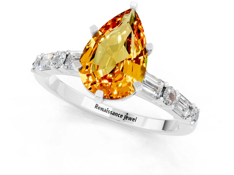 White gold Pear Cut Citrine Solitaire with Side Baguettes and Channel Set Band_1
