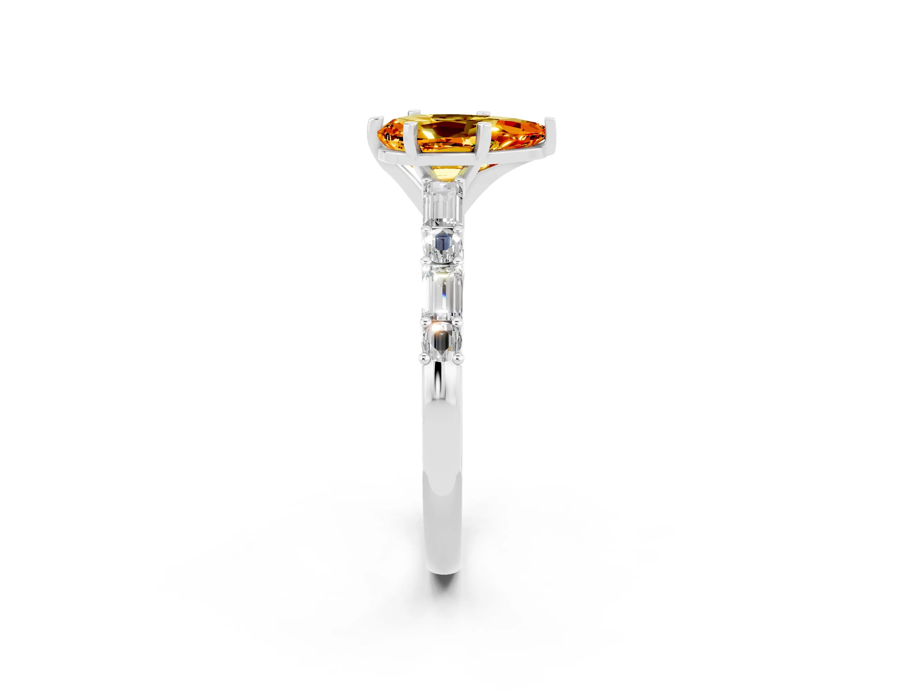 White gold Pear Cut Citrine Solitaire with Side Baguettes and Channel Set Band_2