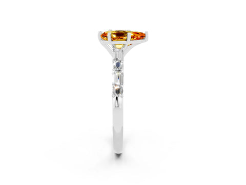 White gold Pear Cut Citrine Solitaire with Side Baguettes and Channel Set Band_2