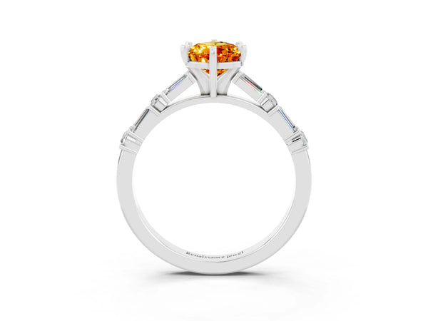 Platinum Pear Cut Citrine Solitaire with Side Baguettes and Channel Set Band