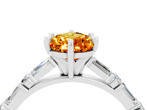 White gold Pear Cut Citrine Solitaire with Side Baguettes and Channel Set Band_4