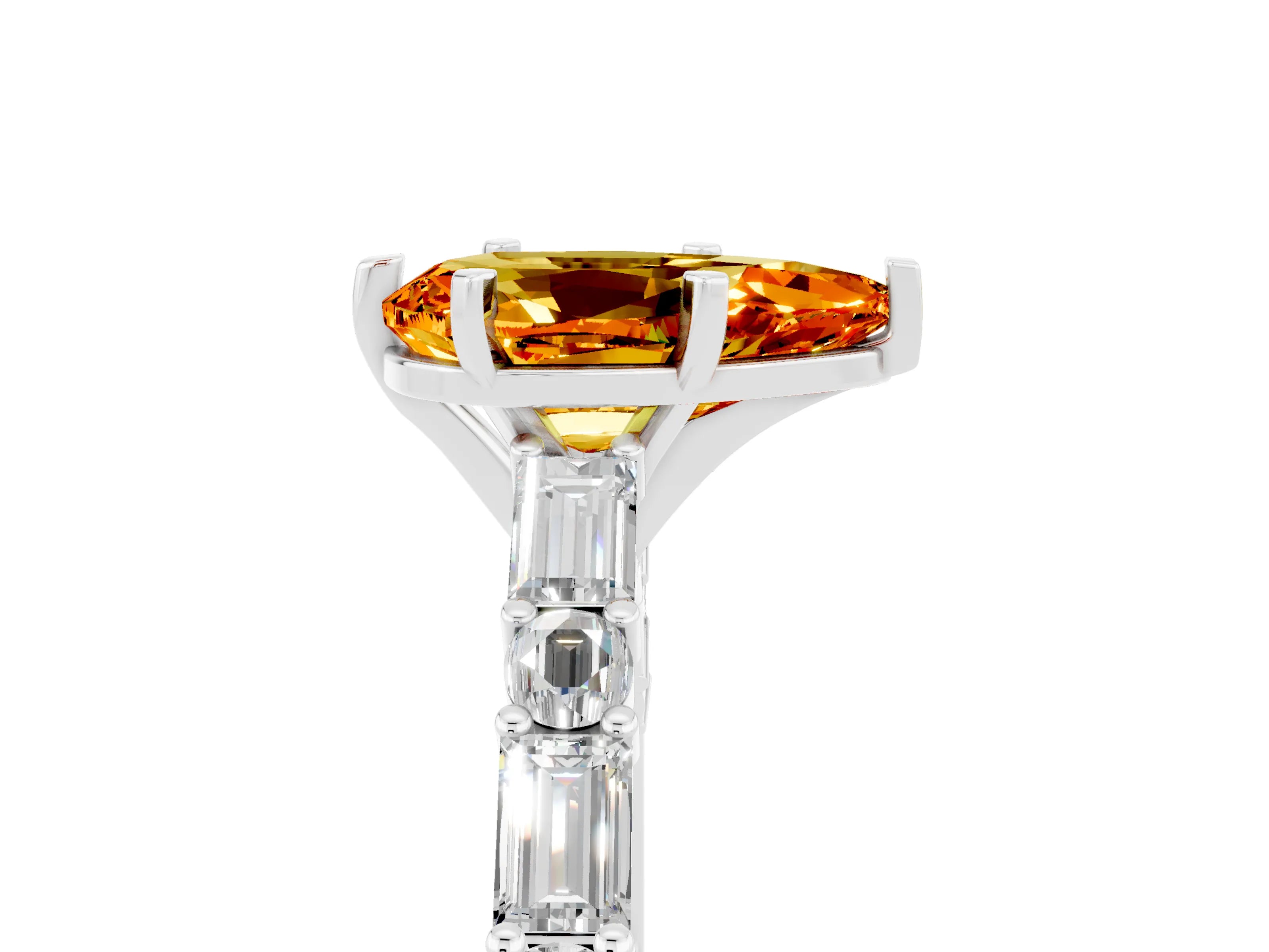 White gold Pear Cut Citrine Solitaire with Side Baguettes and Channel Set Band_5