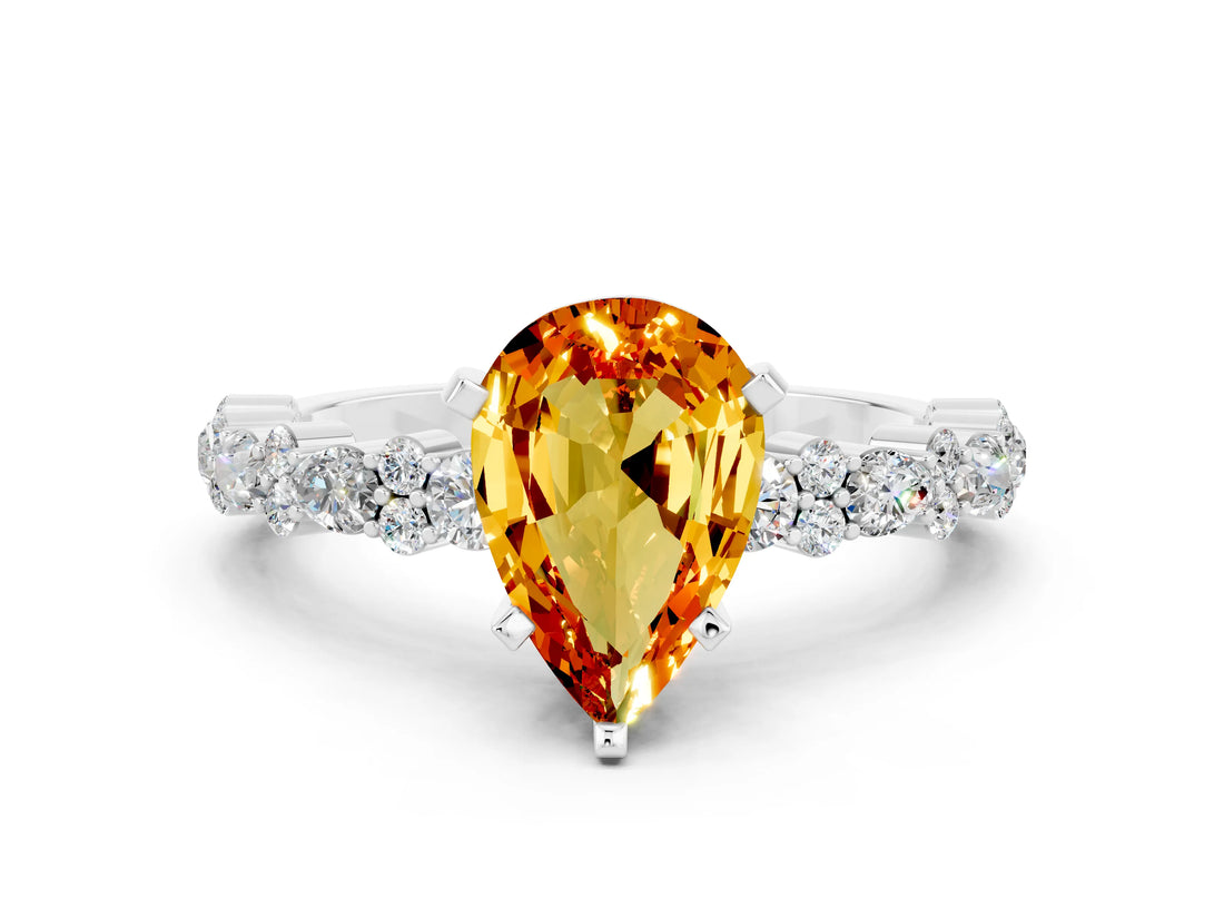 White gold Pear Cut Citrine Solitaire with Side Stones, Pave Band, Four-Prong Setting_36