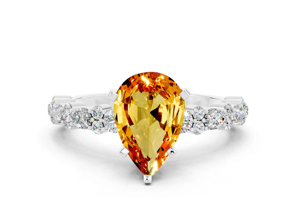 Silver Pear Cut Citrine Side Stone Solitaire Ring with Round  and Four-Prong Setting