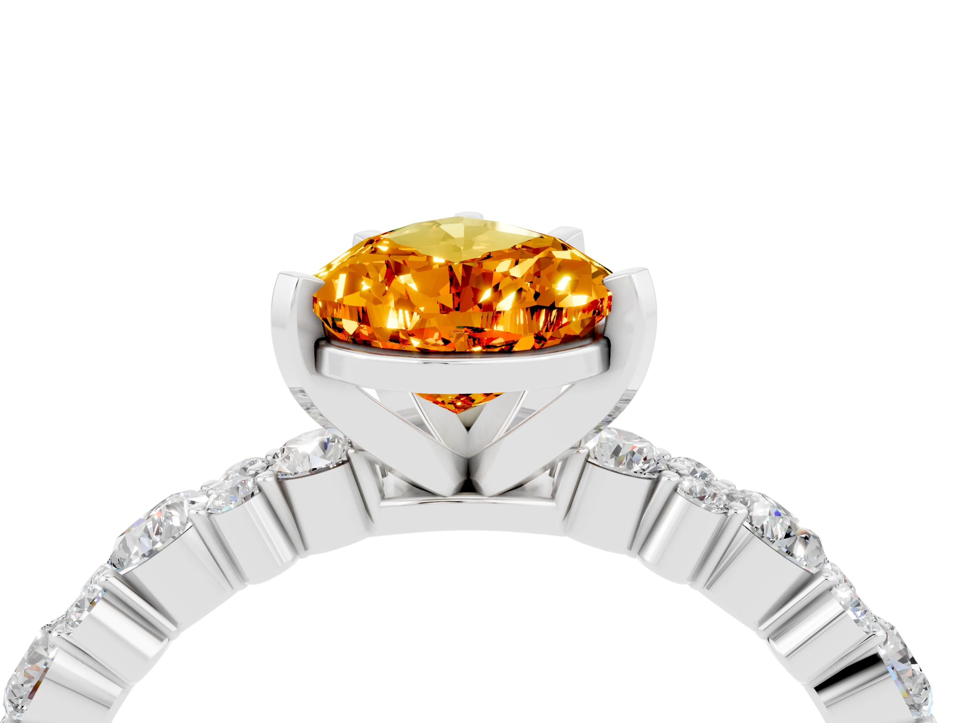 White gold Pear Cut Citrine Solitaire with Side Stones, Pave Band, Four-Prong Setting_40