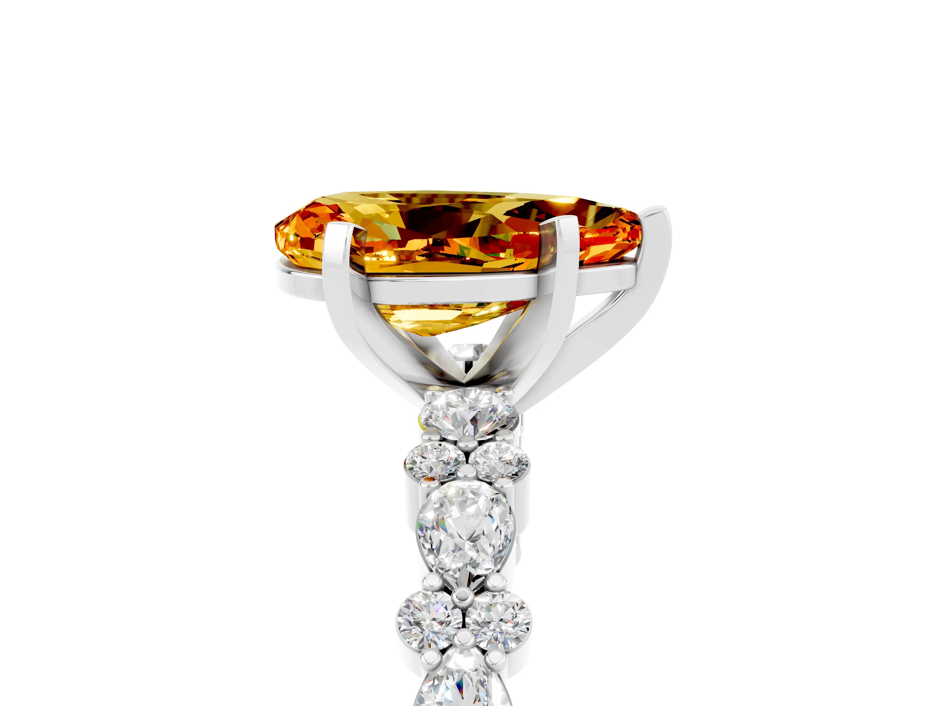 White gold Pear Cut Citrine Solitaire with Side Stones, Pave Band, Four-Prong Setting_41