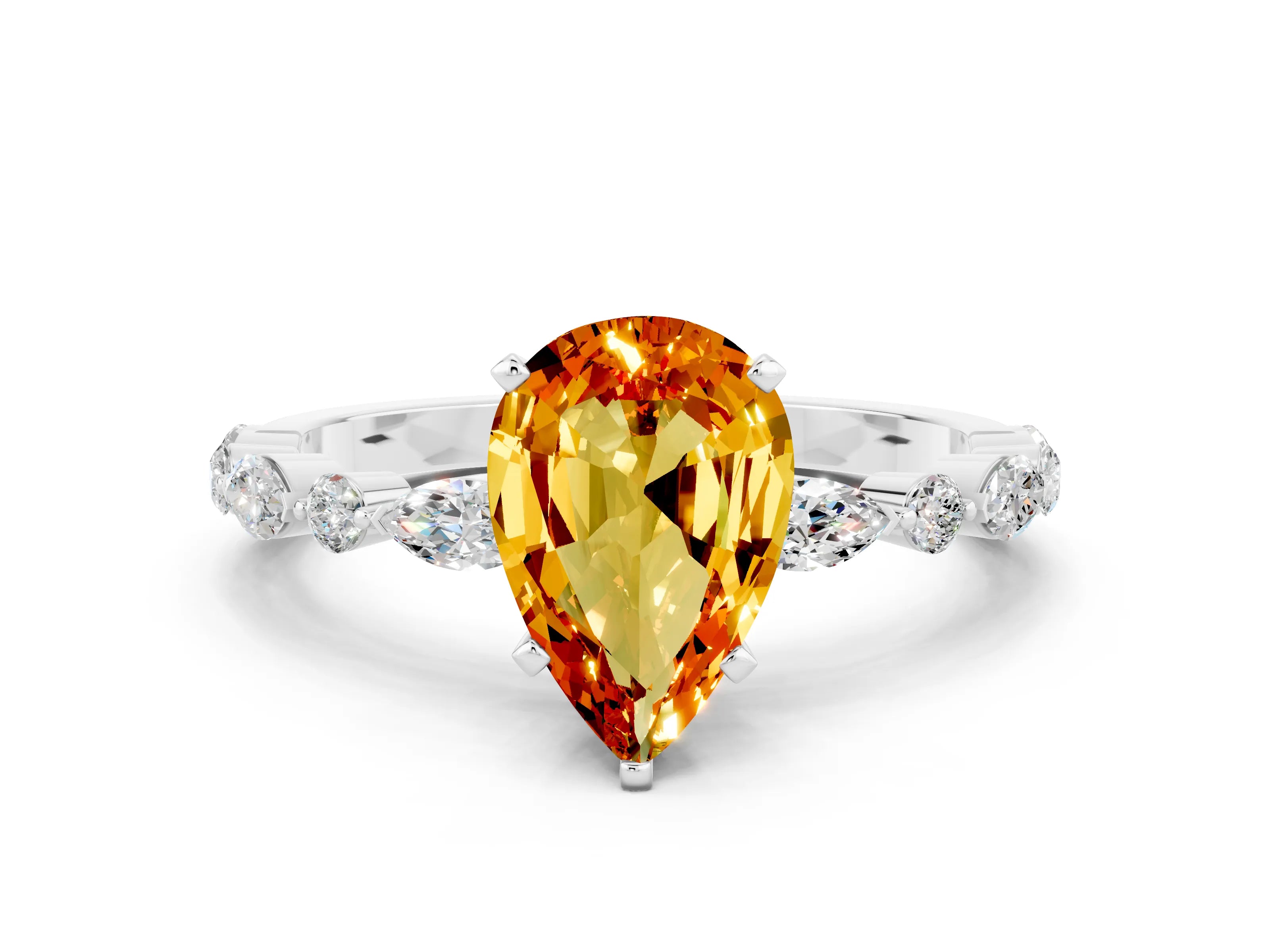 White gold Pear Cut Citrine Solitaire with Side Stones on a Pavé Band and Four-Prong Setting