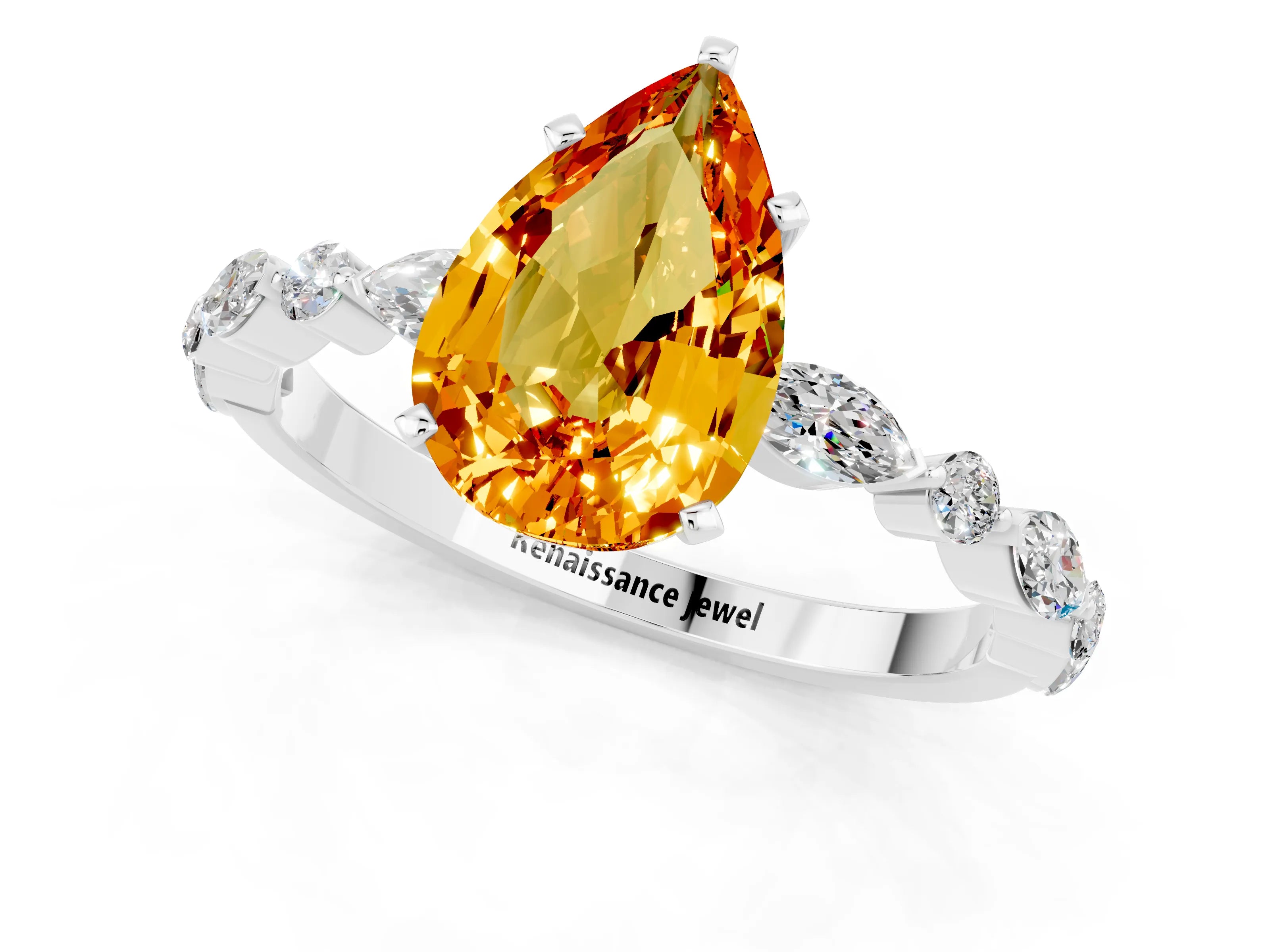 White gold Pear Cut Citrine Solitaire with Side Stones on a Pavé Band and Four-Prong Setting_1