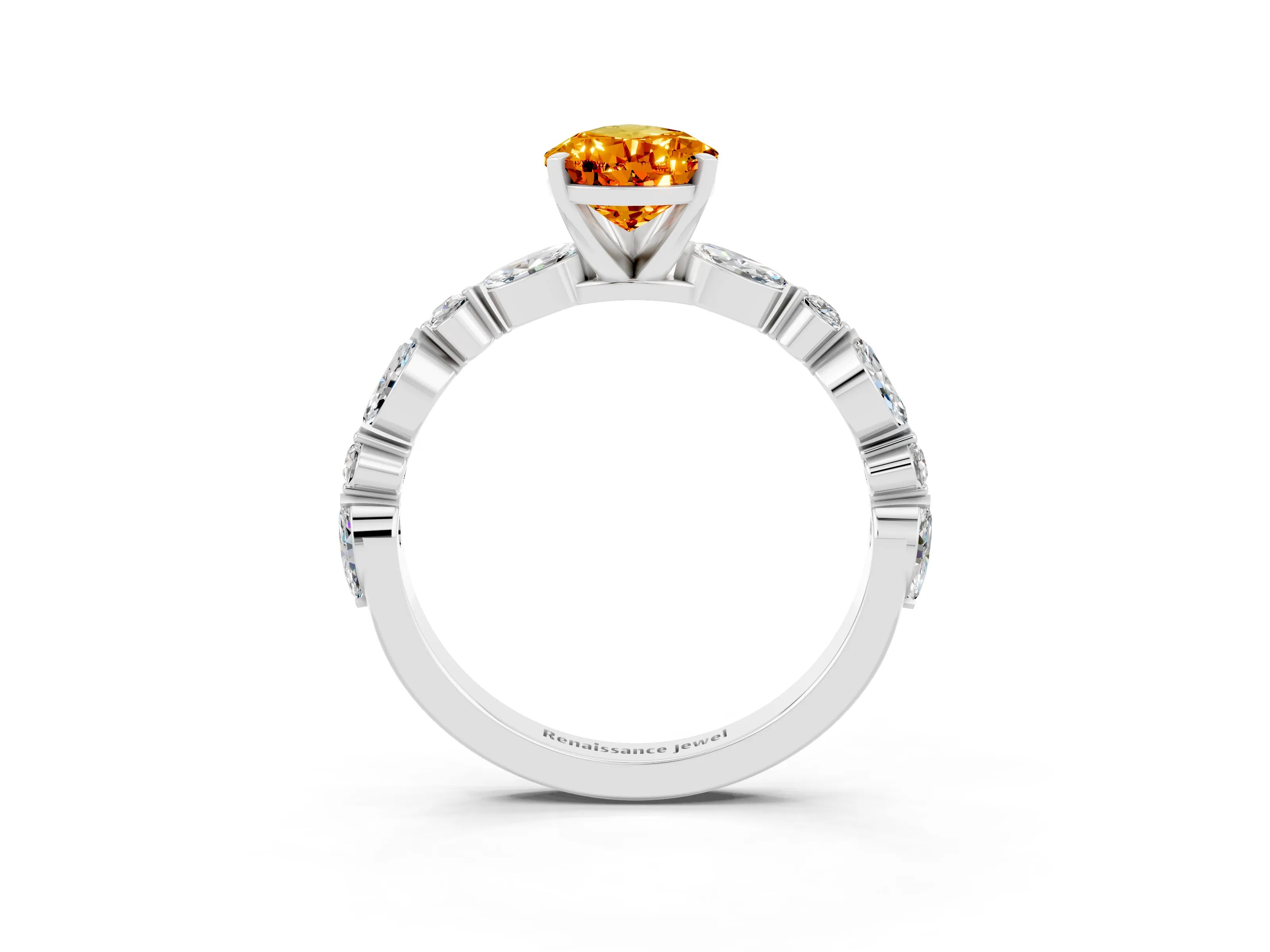 White gold Pear Cut Citrine Solitaire with Side Stones on a Pavé Band and Four-Prong Setting_3