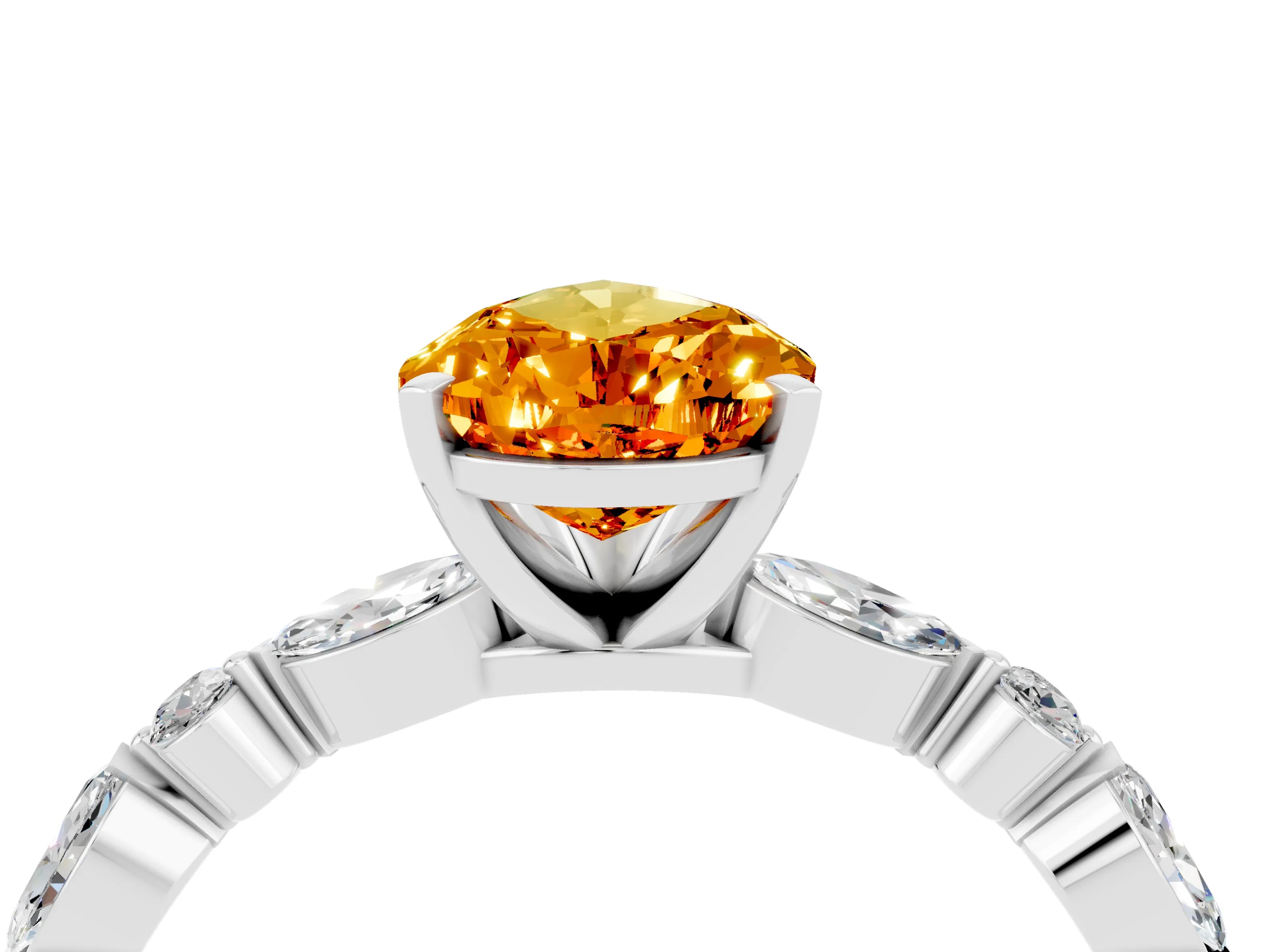 White gold Pear Cut Citrine Solitaire with Side Stones on a Pavé Band and Four-Prong Setting_4