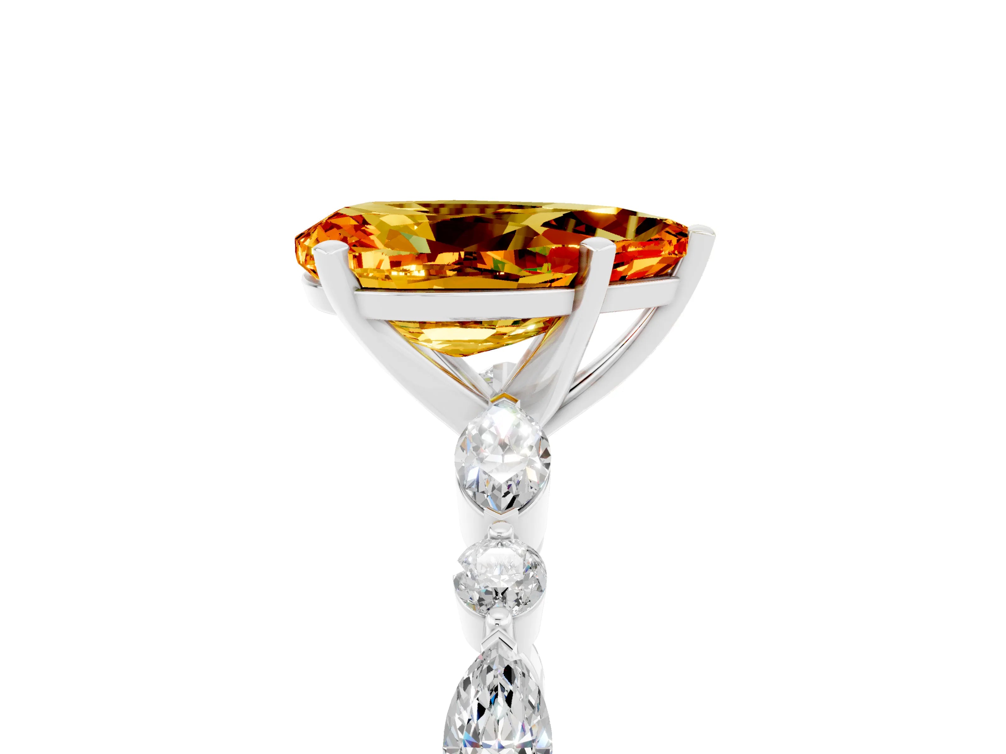 White gold Pear Cut Citrine Solitaire with Side Stones on a Pavé Band and Four-Prong Setting_5