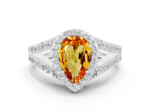 White gold Pear Cut Citrine Split Shank Halo Ring with Four-Prong Setting_54