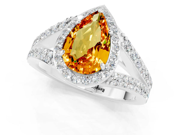 Platinum Pear Cut Citrine Split Shank Halo Ring with Four-Prong Setting