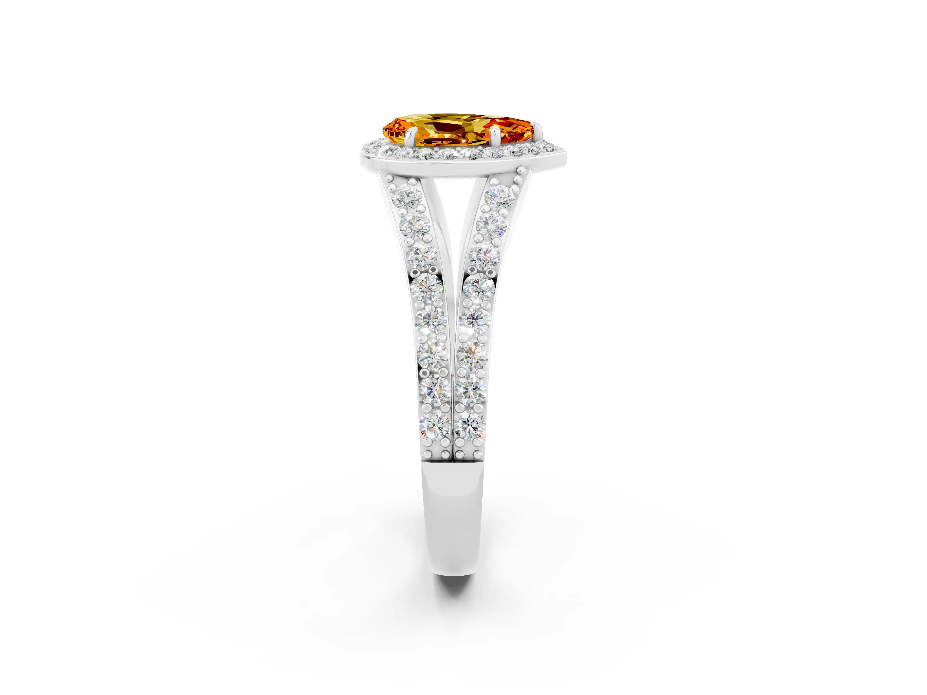 White gold Pear Cut Citrine Split Shank Halo Ring with Four-Prong Setting_56