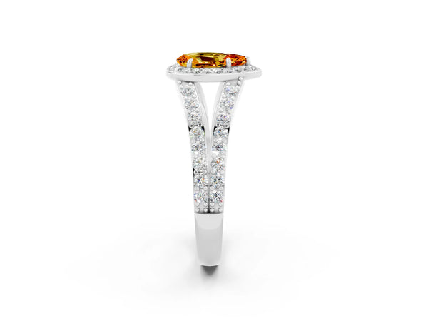 Silver Pear Cut Citrine Split Shank Halo Ring with Four-Prong Setting