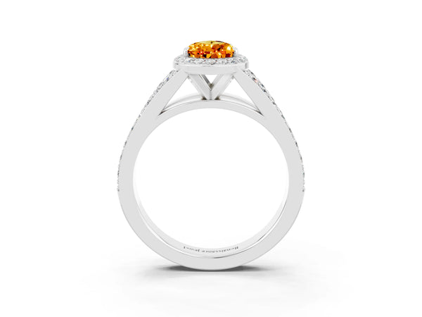Platinum Pear Cut Citrine Split Shank Halo Ring with Four-Prong Setting
