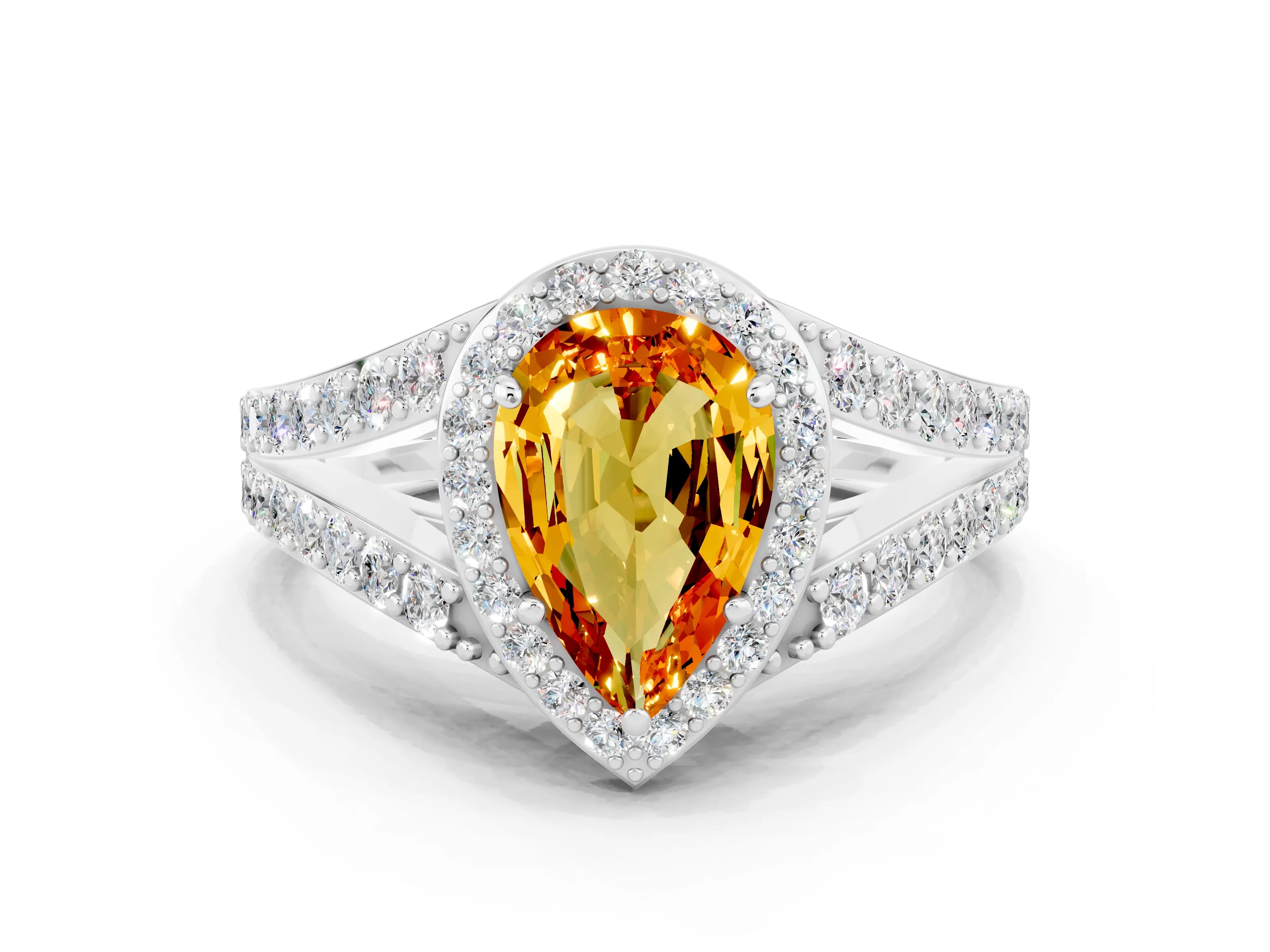 White gold Pear Cut Citrine Split Shank Halo Ring with Four-Prong Setting_60