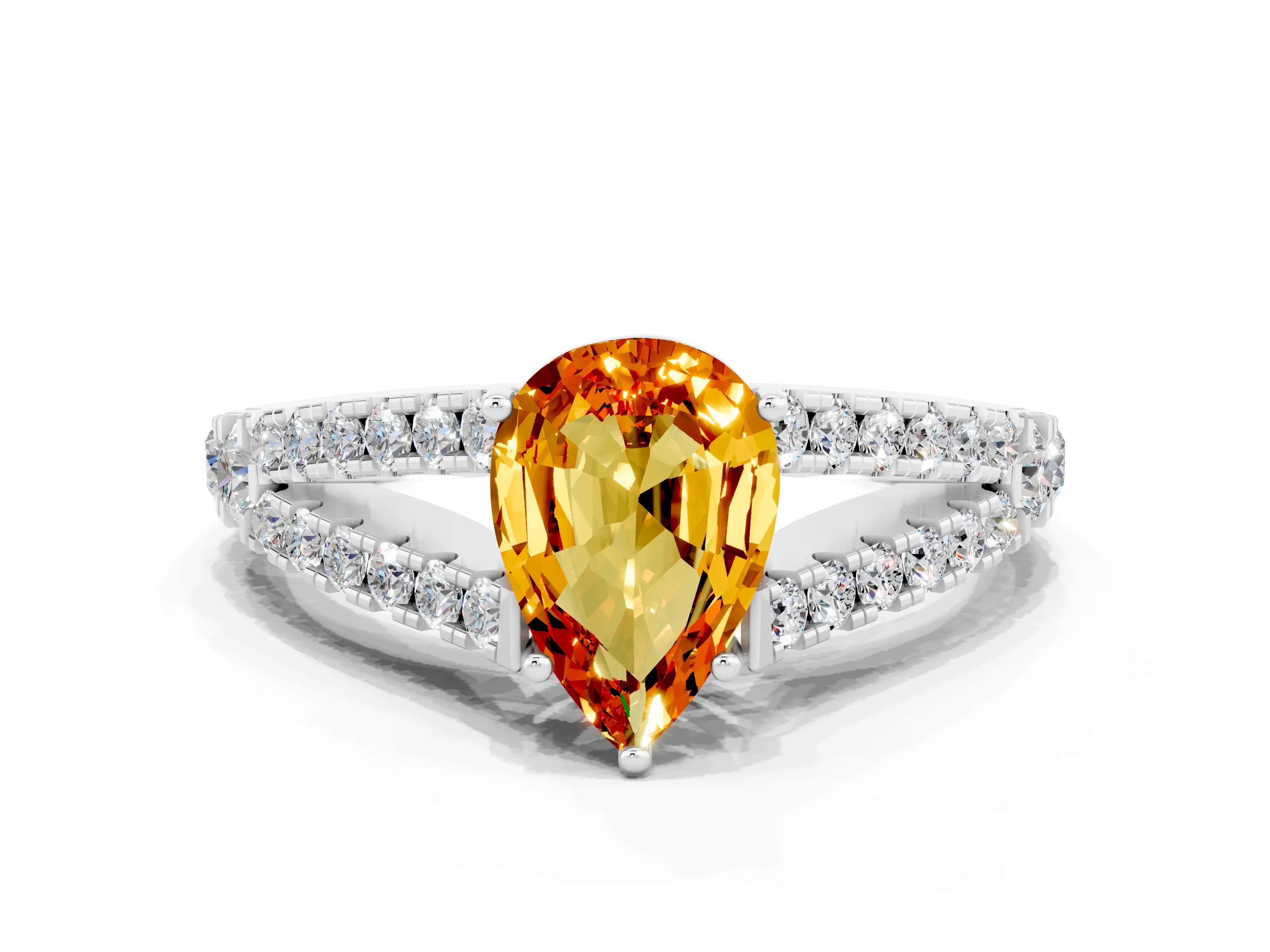 White gold Pear Cut Citrine Split Shank Pavé Engagement Ring with Four-Prong Setting_12