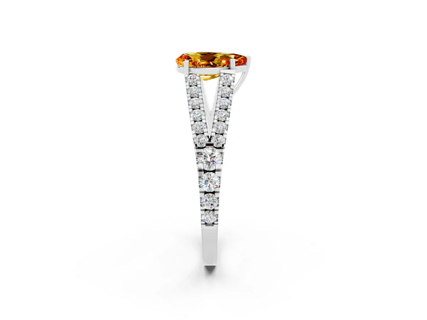 Platinum Pear Cut Citrine Split Shank Pavé Engagement Ring with Four-Prong Setting