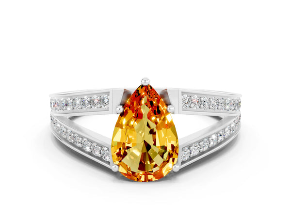 Silver Pear Cut Citrine Split Shank Ring with Pavé Band and Four-Prong Setting