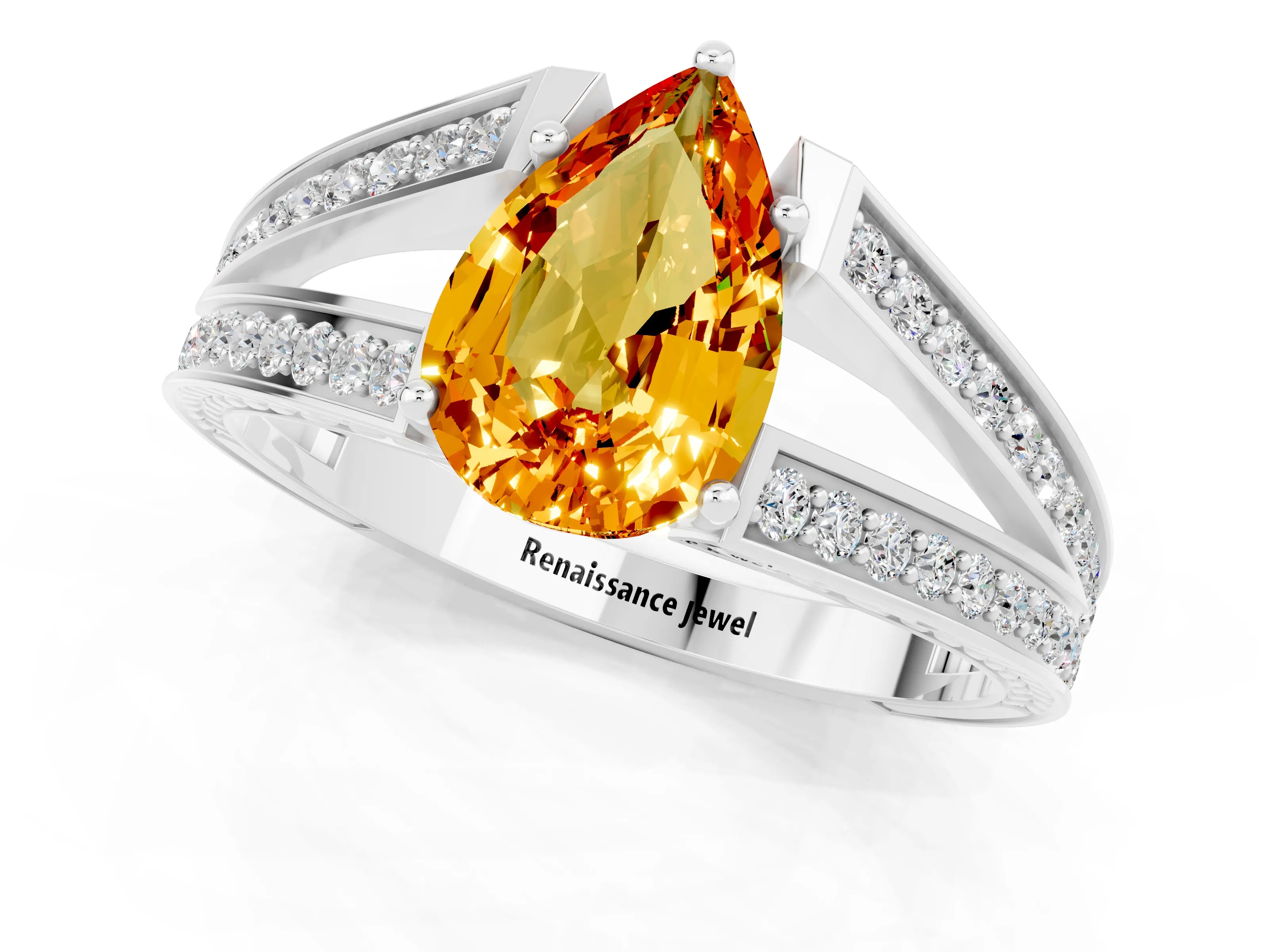 White gold Pear Cut Citrine Split Shank Ring with Pavé Band and Four-Prong Setting_1