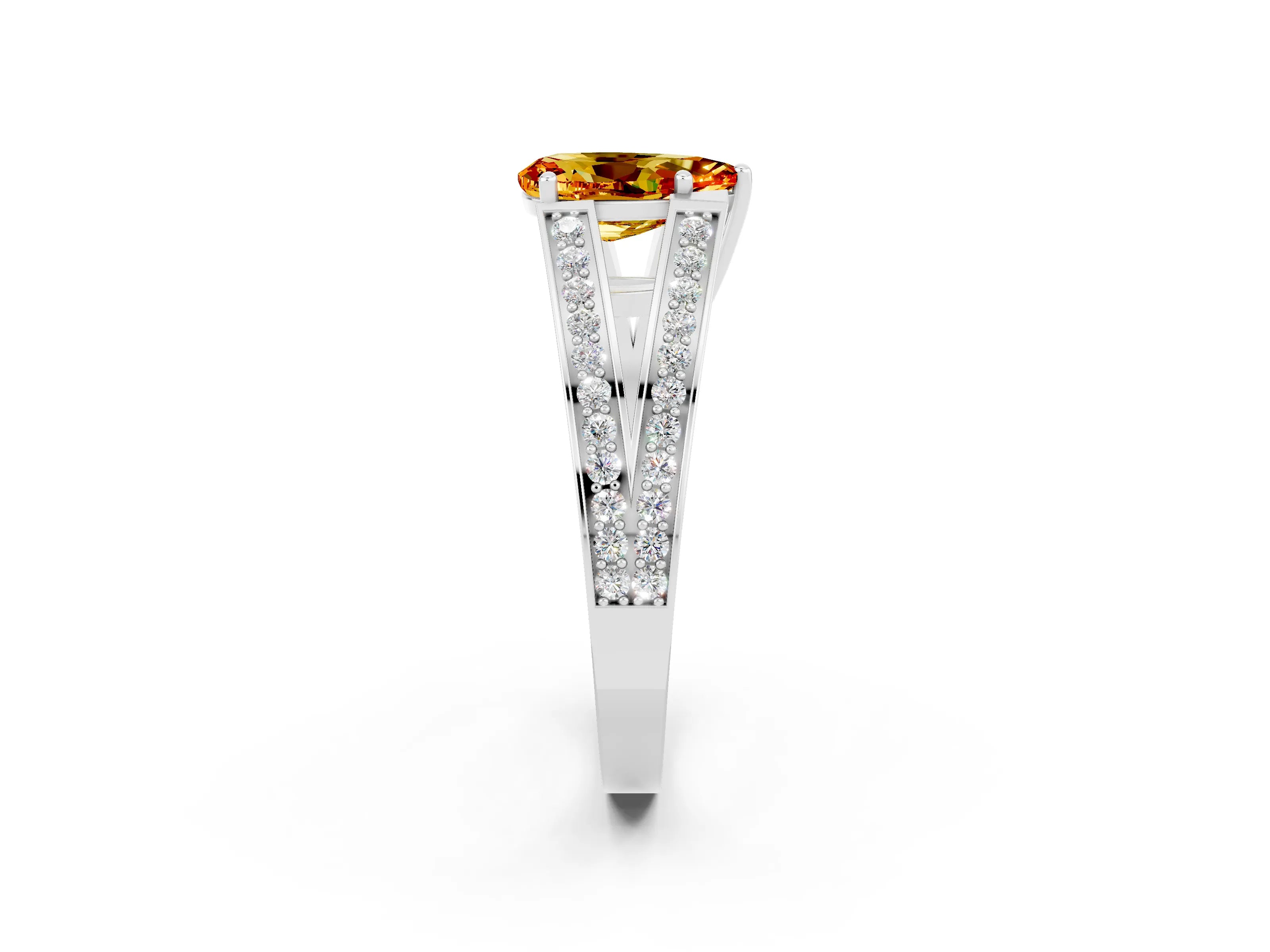 White gold Pear Cut Citrine Split Shank Ring with Pavé Band and Four-Prong Setting_2