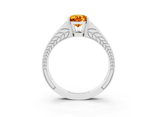 White gold Pear Cut Citrine Split Shank Ring with Pavé Band and Four-Prong Setting