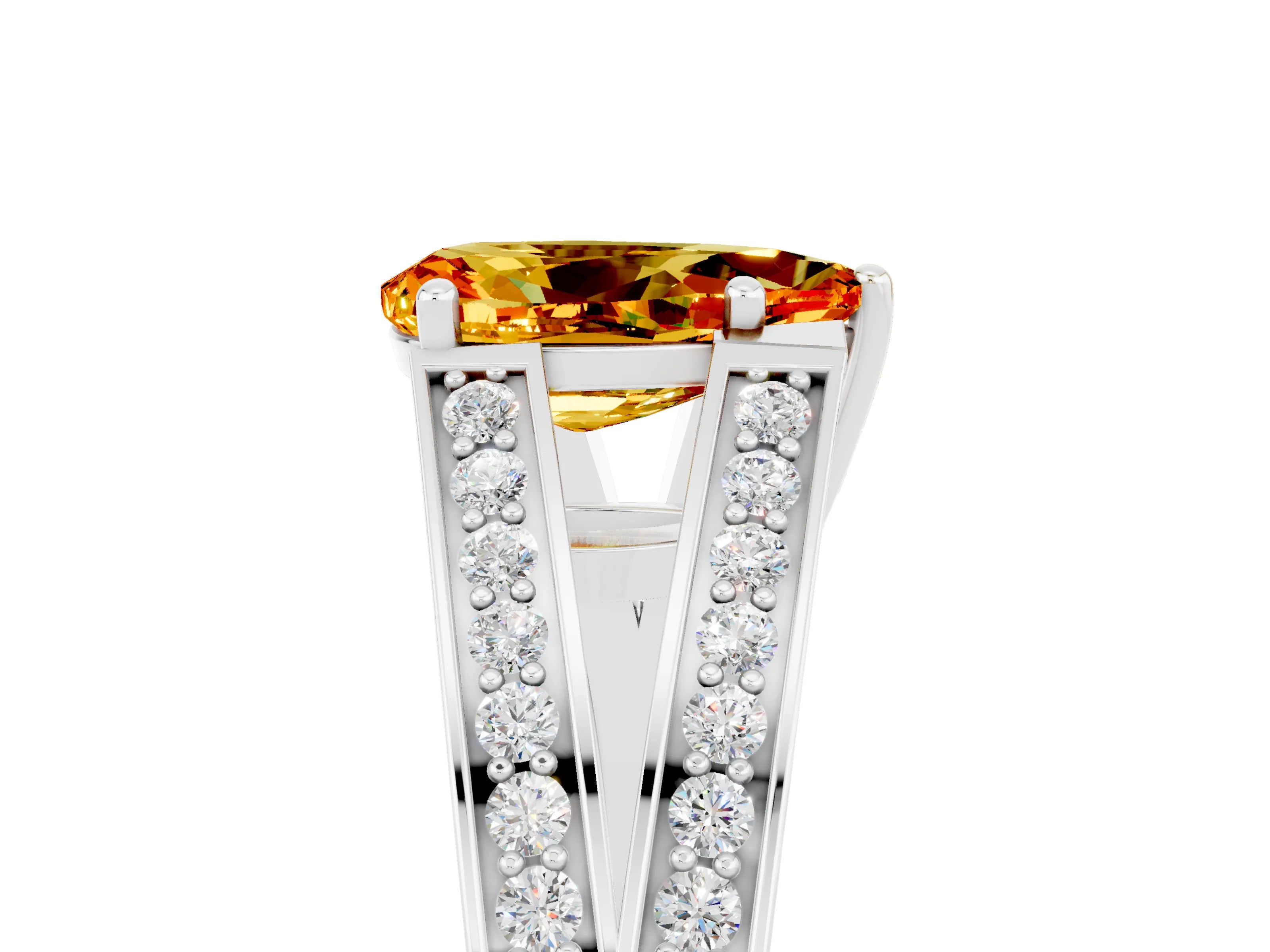 White gold Pear Cut Citrine Split Shank Ring with Pavé Band and Four-Prong Setting_5