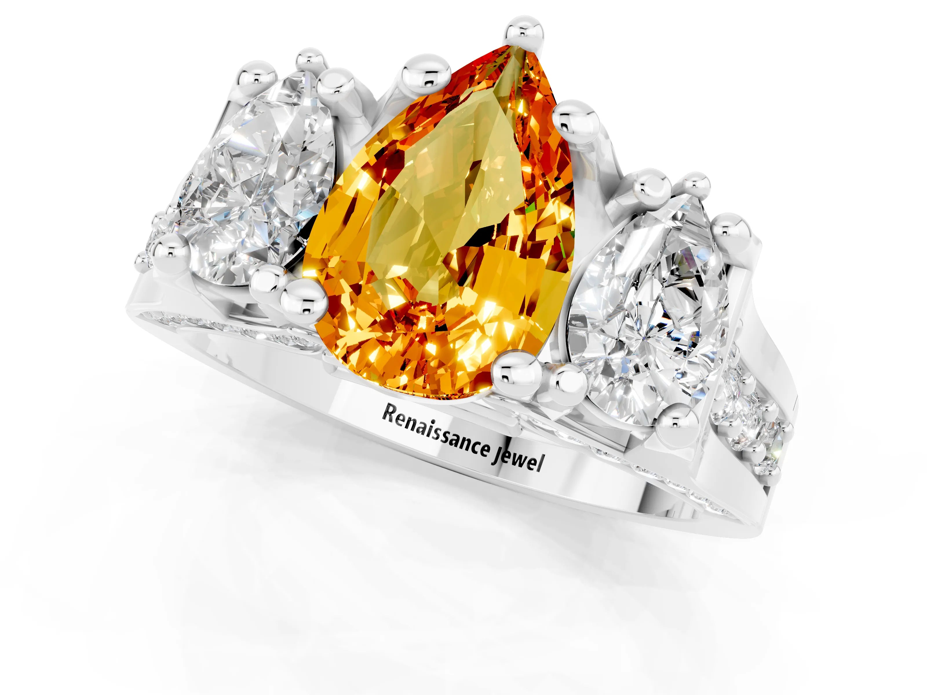 White gold Pear Cut Citrine Three-Stone Ring with Channel Set Band and Four-Prong Setting_1