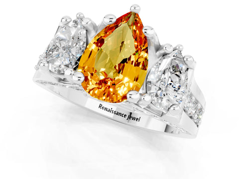 White gold Pear Cut Citrine Three-Stone Ring with Channel Set Band and Four-Prong Setting_1