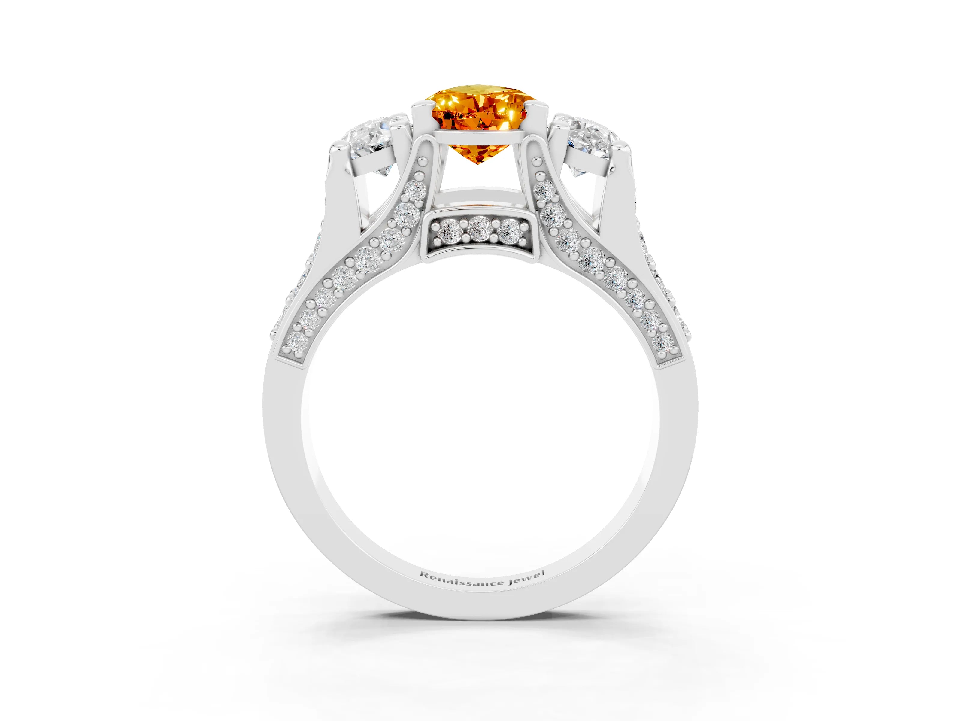 White gold Pear Cut Citrine Three-Stone Ring with Channel Set Band and Four-Prong Setting_3