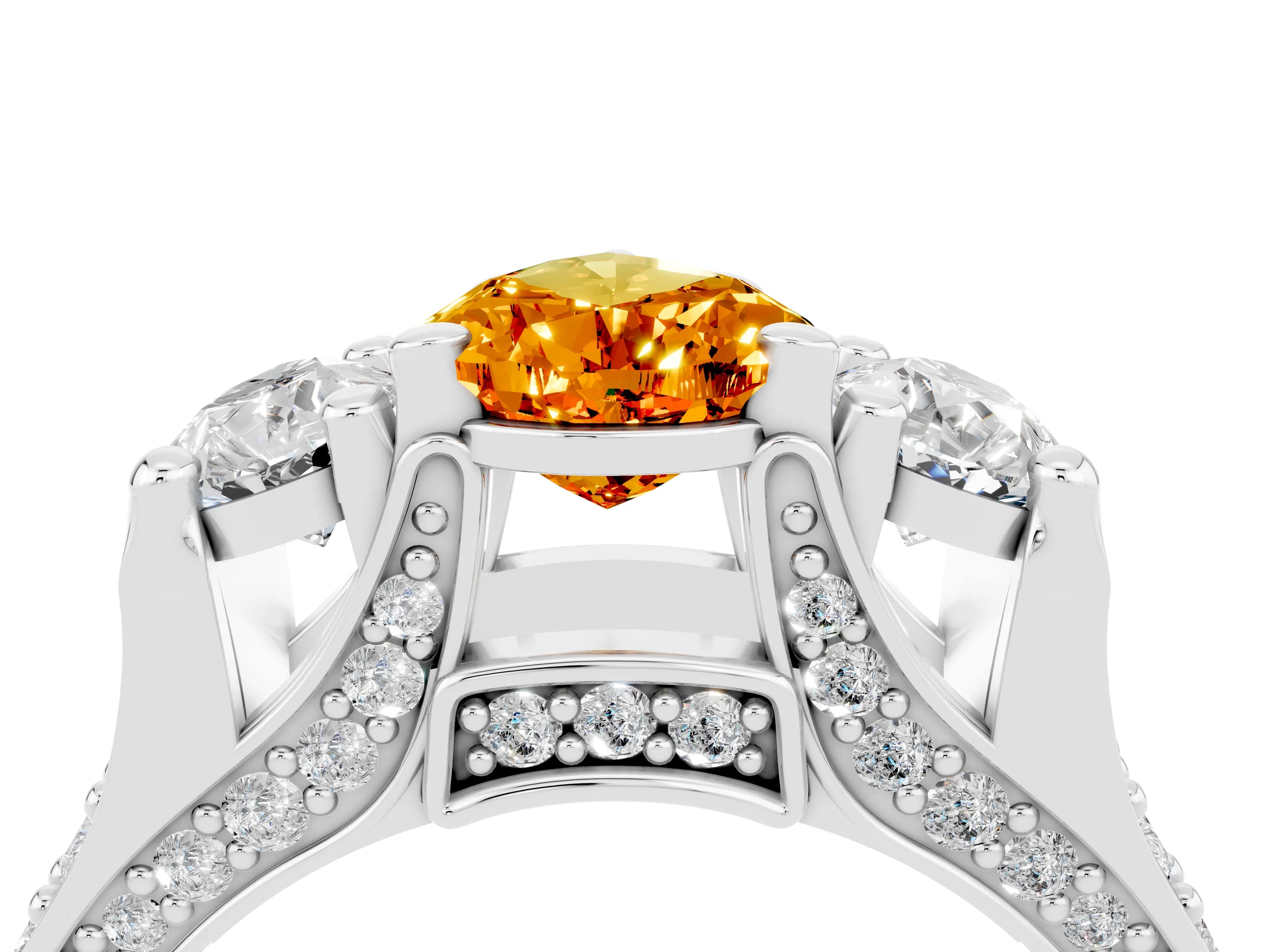 White gold Pear Cut Citrine Three-Stone Ring with Channel Set Band and Four-Prong Setting_4