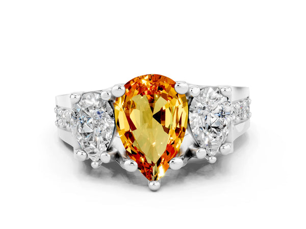 Silver Pear Cut Citrine Three-Stone Ring with Channel Set Band and Four-Prong Setting