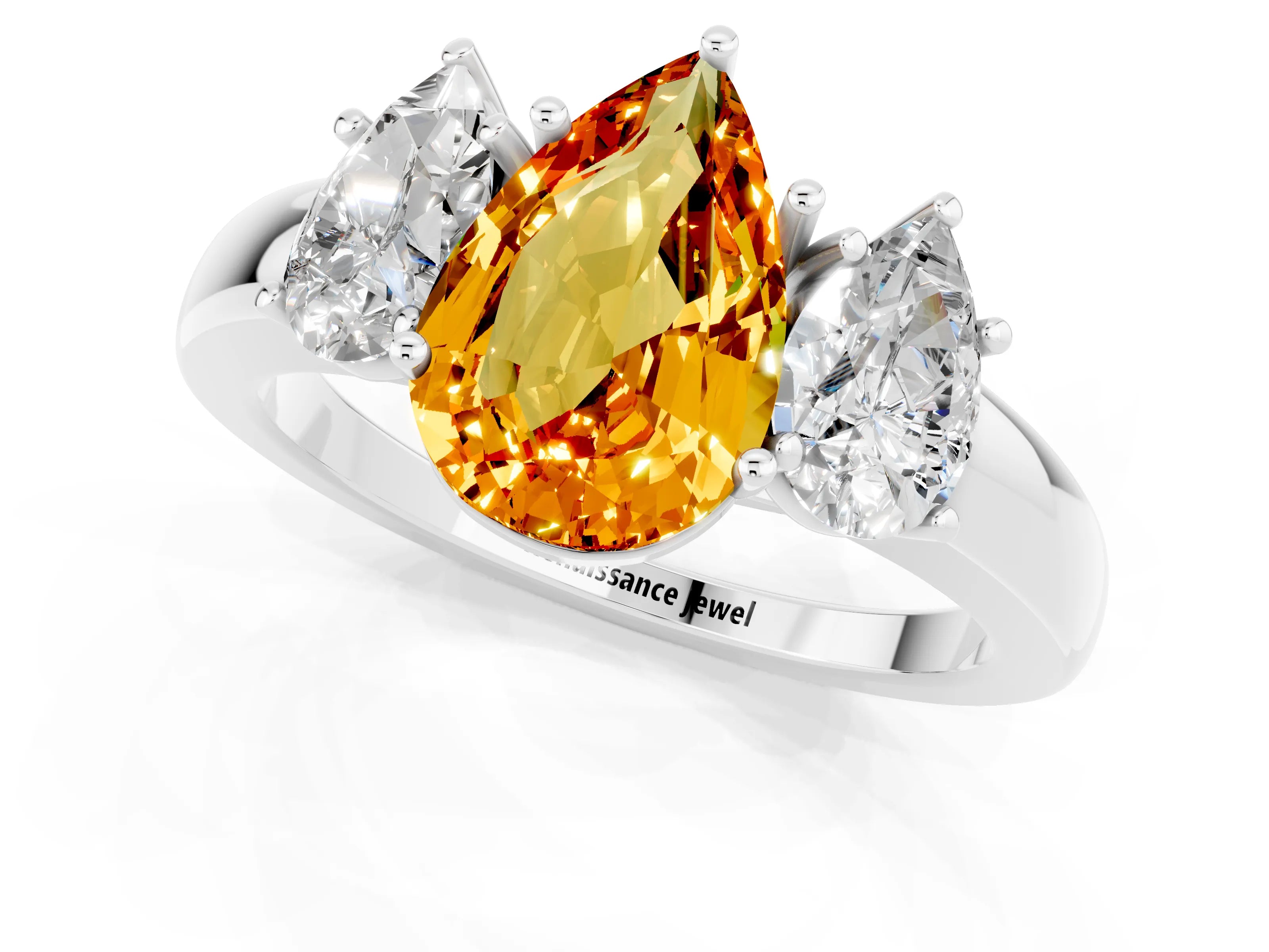 White gold Pear Cut Citrine Three-Stone Ring with Four-Prong Setting and Classic Band_1