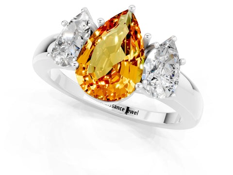 White gold Pear Cut Citrine Three-Stone Ring with Four-Prong Setting and Classic Band_1