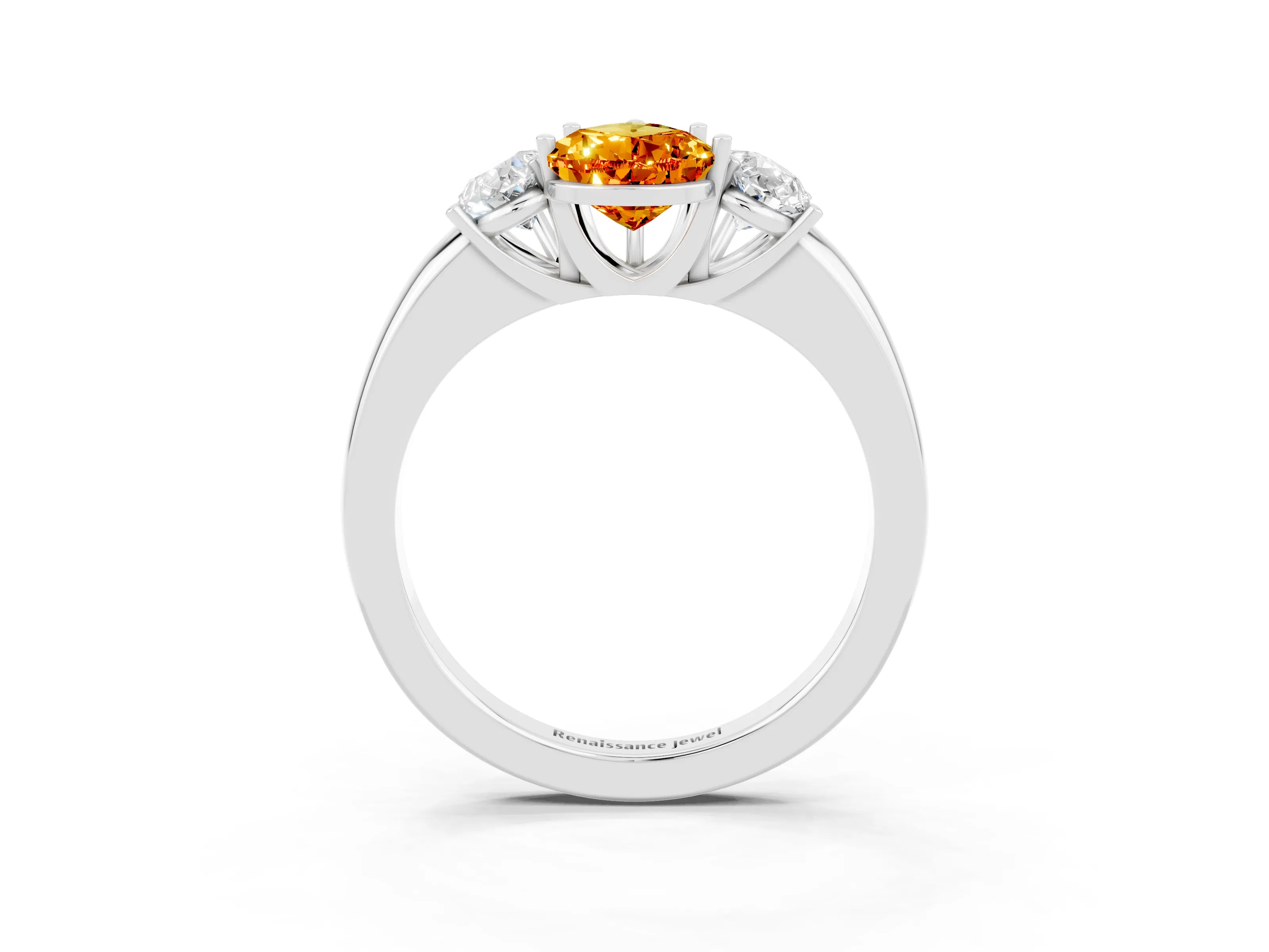 White gold Pear Cut Citrine Three-Stone Ring with Four-Prong Setting and Classic Band_3