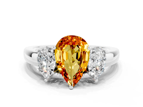 White gold Pear Cut Citrine Three-Stone Ring with Four-Prong Setting and Classic Band