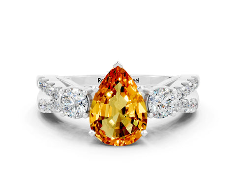 White gold Pear Cut Citrine Three-Stone Ring with Pavé Split Shank and Four-Prong Setting_12