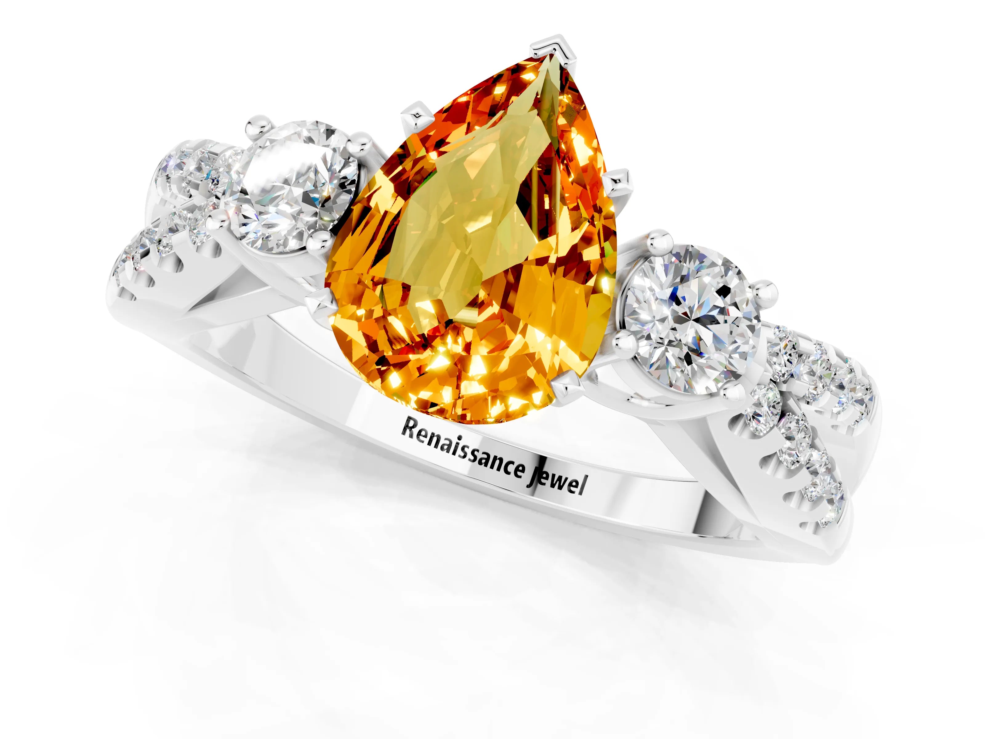 White gold Pear Cut Citrine Three-Stone Ring with Pavé Split Shank and Four-Prong Setting_13