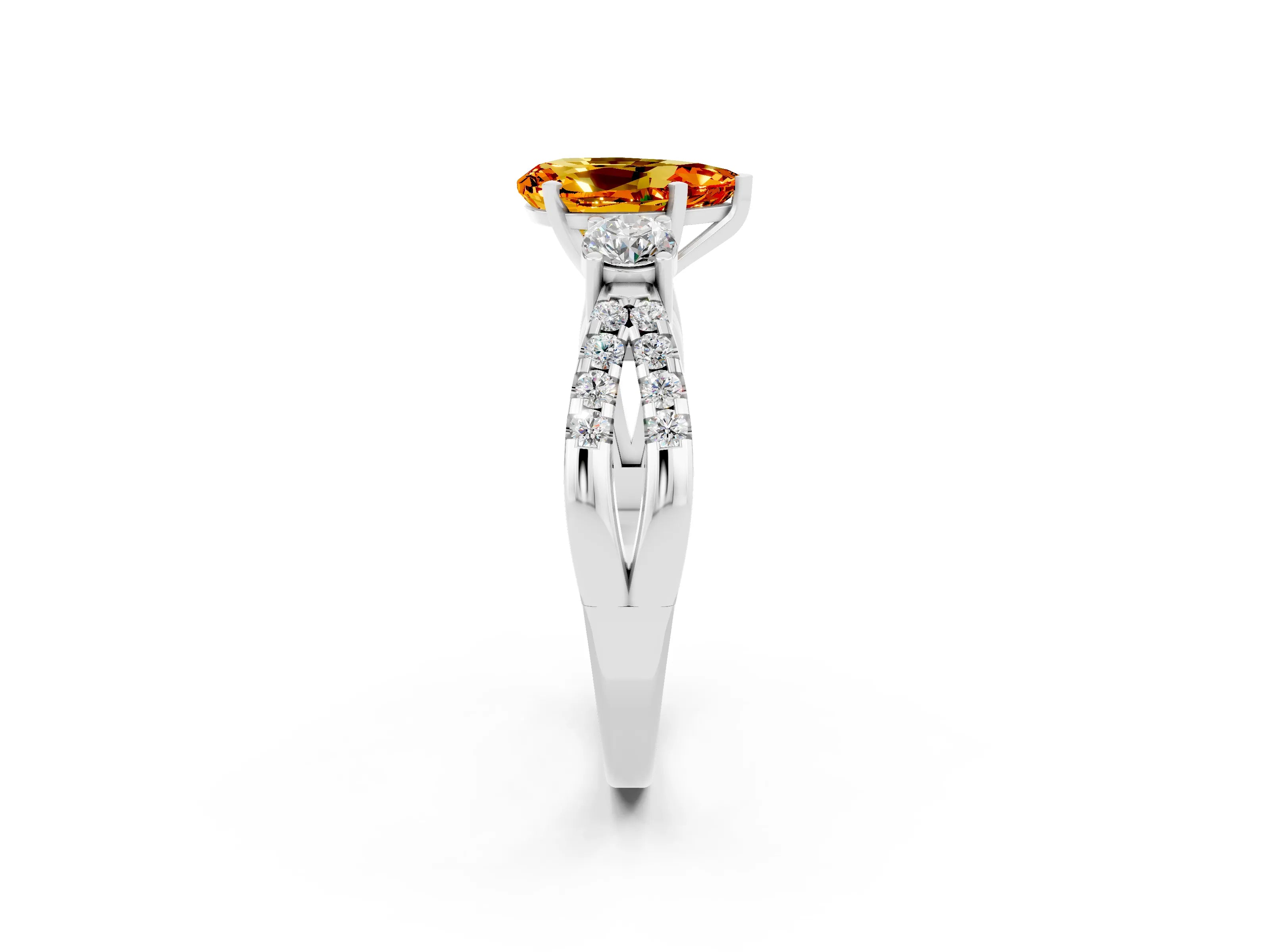 White gold Pear Cut Citrine Three-Stone Ring with Pavé Split Shank and Four-Prong Setting_14