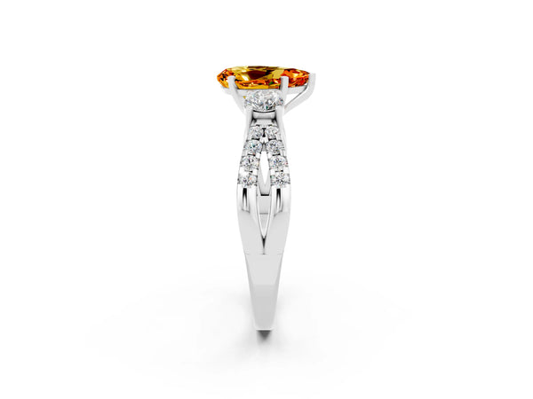 Silver Pear Cut Citrine Three-Stone Ring with Pavé Split Shank and Four-Prong Setting