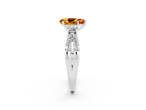 White gold Pear Cut Citrine Three-Stone Ring with Pavé Split Shank and Four-Prong Setting_14