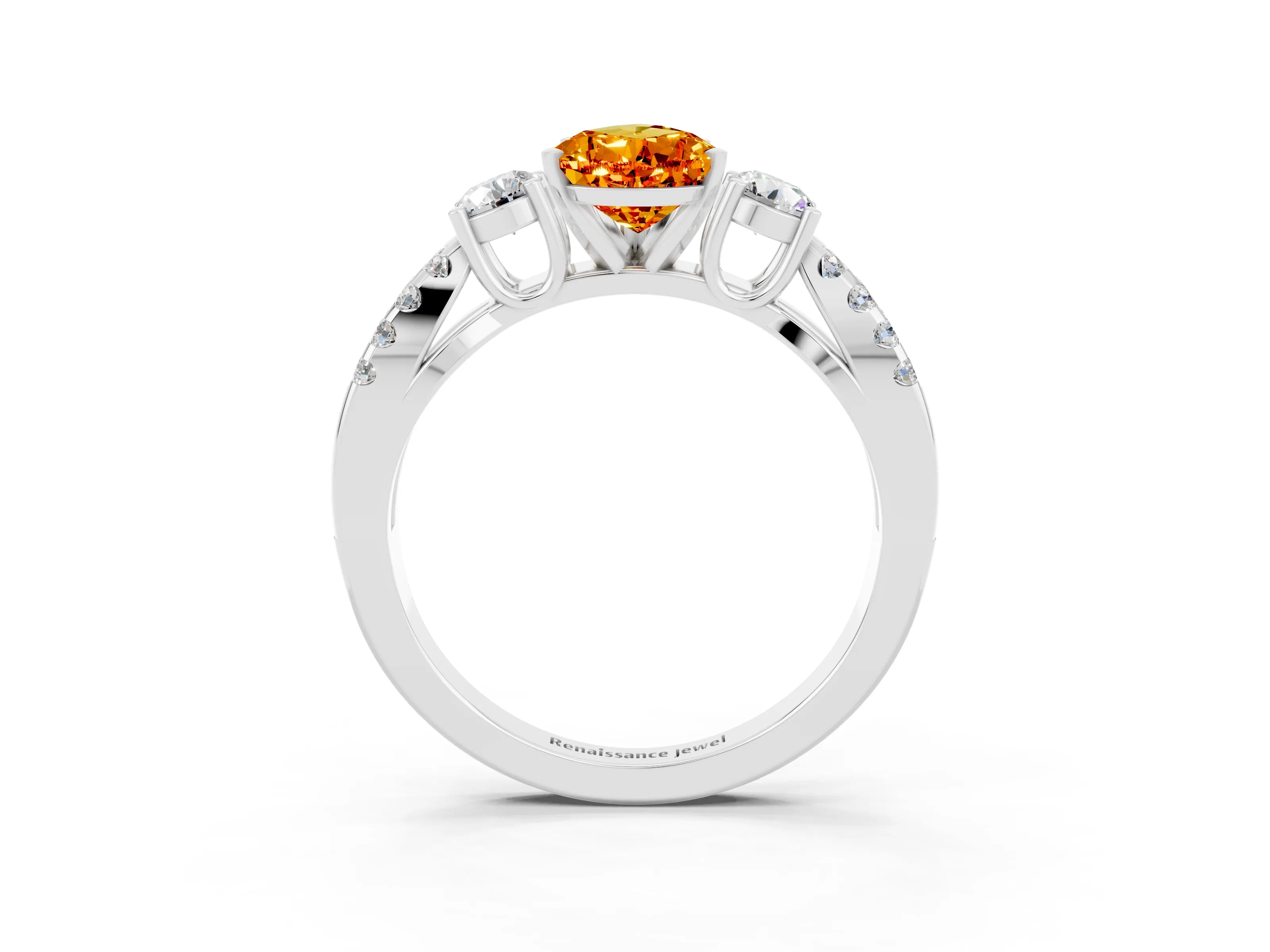 White gold Pear Cut Citrine Three-Stone Ring with Pavé Split Shank and Four-Prong Setting_15