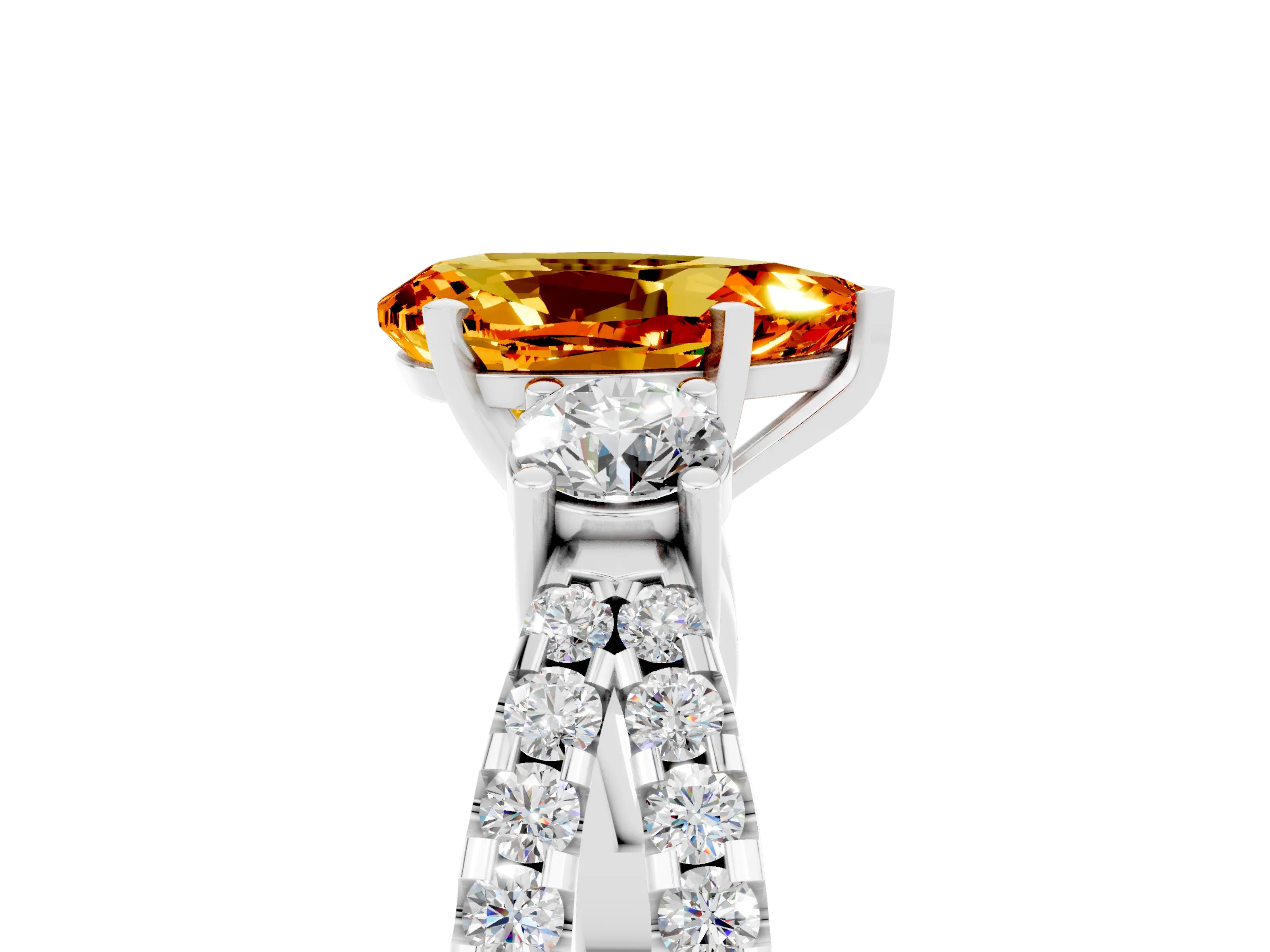 White gold Pear Cut Citrine Three-Stone Ring with Pavé Split Shank and Four-Prong Setting_17